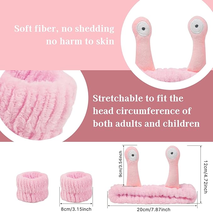 Snail Face Wash Headband Skincare & Wrist Bands for Washing Face Set Cute Spa Headband for Women and Wrist Faces Wash Bands for Shower, Facial Cleaning, Soft Coral Fleece Makeup Headbands,Yellow＆Pink