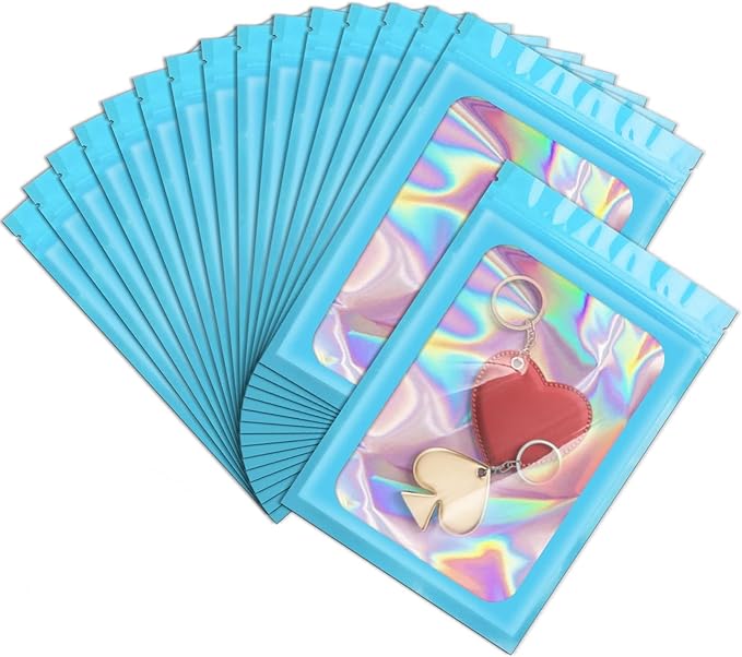 ANZNKU 100 Pcs Smell Proof Mylar Resealable Bags, Holographic Packaging Bags, Resealable Odor Foil Pouch Zip Bag with Clear Window for Food Storage and Lipgloss, Jewelry Lash (Blue, 3.9 x 7.1 Inch)
