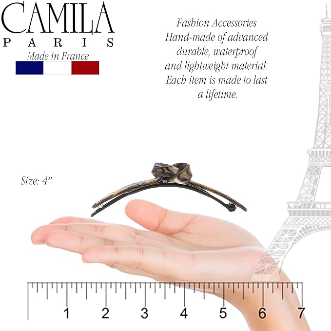 Camila Paris CP3353 French Hair Barrette Clip for Girls, Handmade, Onyx, Metal-Free Closure Strong Hold Grip Hair Clips for Women, No Slip Durable Styling Girls Hair Accessories, Made in France