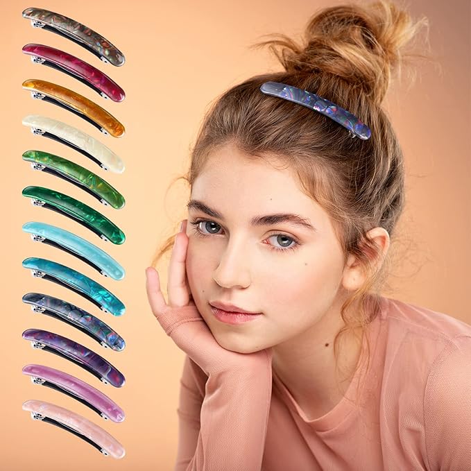 12 Pieces Hair Barrettes for Women Tortoise Shell Acetate French Skinny Clip Automatic Ponytail Barrettes for Women Fine Thin Hair Accessories(Stylish Color)
