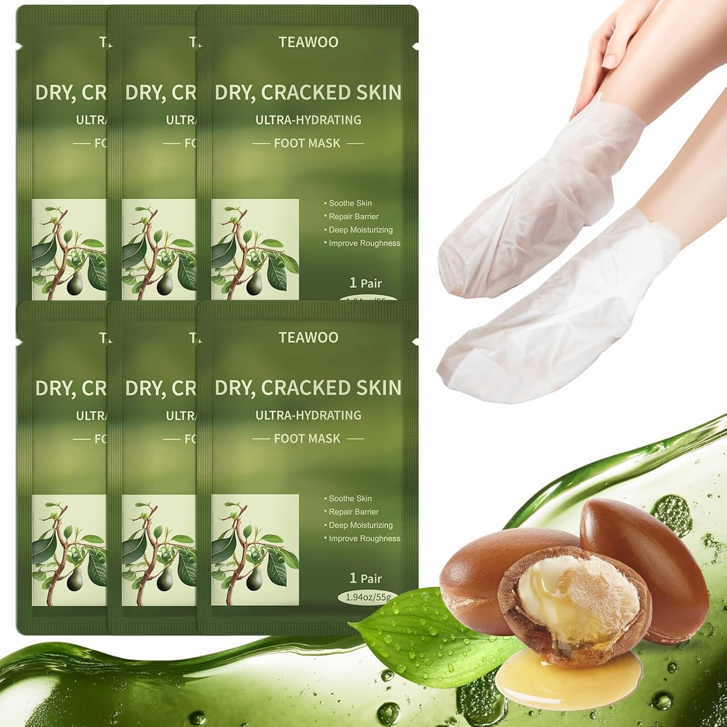 6 Pairs Moisturizing Foot Masks with Shea Butter, Jojoba Oil, Vitamin E & Urea, 6 Pairs Intensely Hydrating Foot Mask For Dry Cracked Feet, Moisturizing Socks for Cracked Heel Treatment