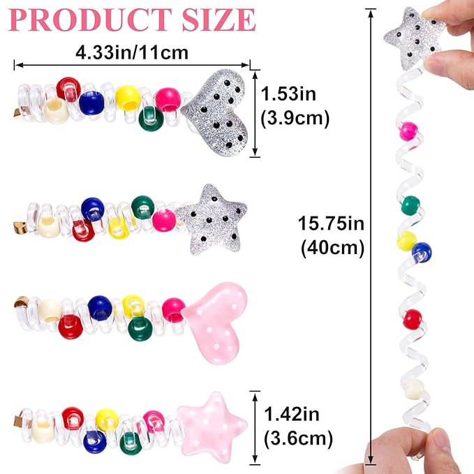 4PCS Star Heart Spiral Hair Ties with Beads, 2 Colors Star Heart Bead Phone Cord Ponytail Holders for Women, Elegant Rubber Hair Coils, Stylish Hair Accessories for Party, Daily Use
