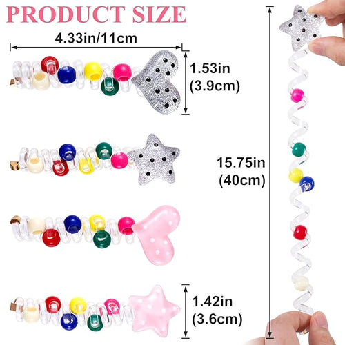 4PCS Star Heart Spiral Hair Ties with Beads, 2 Colors Star Heart Bead Phone Cord Ponytail Holders for Women, Elegant Rubber Hair Coils, Stylish Hair Accessories for Party, Daily Use