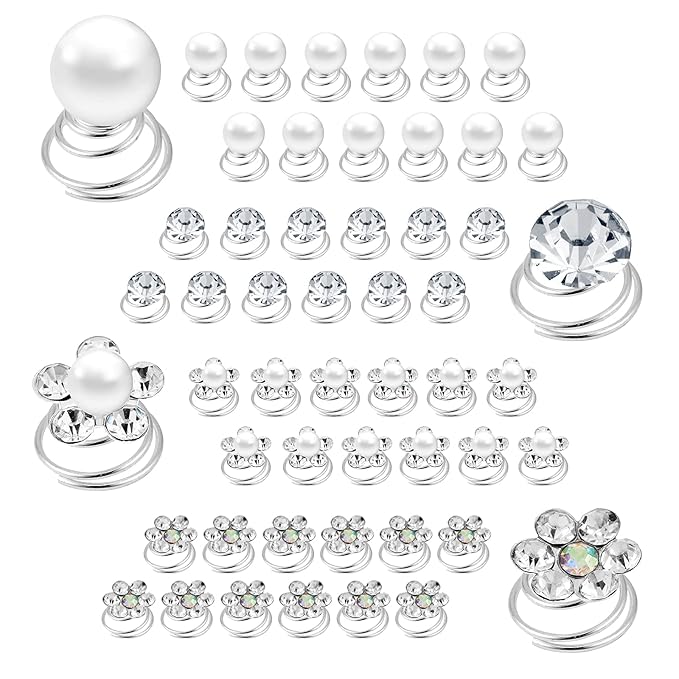 (48 Pcs,4 Styles) Pearl,Rhinestone Crystal Twisters Spiral Set Hair Pin Silver Coil for Wedding, Bridal, Prom, Party and Special Occasion with Clear Container