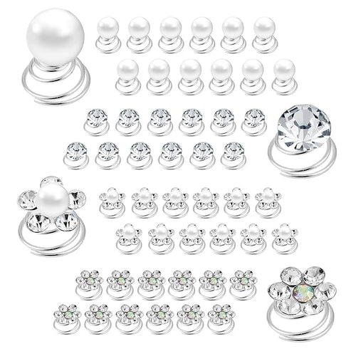 (48 Pcs,4 Styles) Pearl,Rhinestone Crystal Twisters Spiral Set Hair Pin Silver Coil for Wedding, Bridal, Prom, Party and Special Occasion with Clear Container