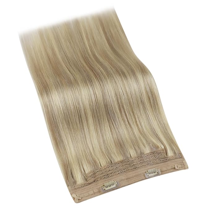 YoungSee 100G Hair Extensions Wire Highlight Invisible Wire Hair Extensions Real Human Hair Golden Blonde Highlighted Light Blonde Human Hair Fish Line Extensions for Natural Look 20In