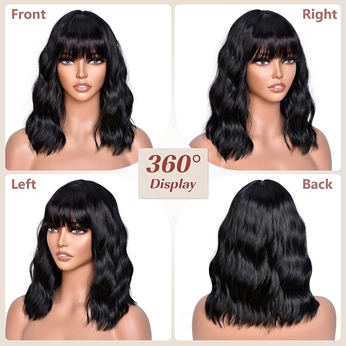 Black Bob Wig With Bangs Wave Wigs for Women 14 Inch Short Loose Wavy Heat Resistant Synthetic Wig Shoulder Length Natural Color Hair for Daily and Party Use