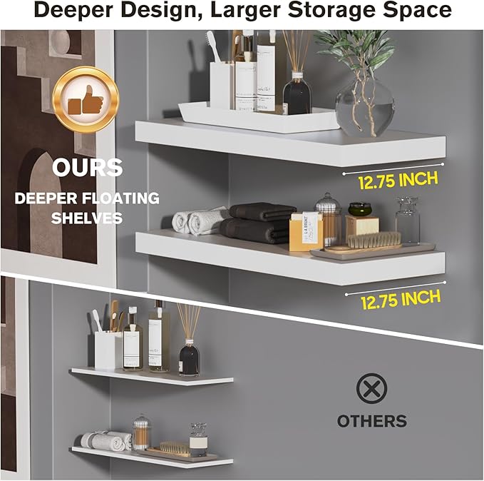 Large Floating Shelves for Wall Set of 1 Wooden Wall Shelves 30 in x 12.75 in x 2 in Room Decor Long Shelf with Invisible Wall Mount Bracket for Bedroom Kitchen Living Room White