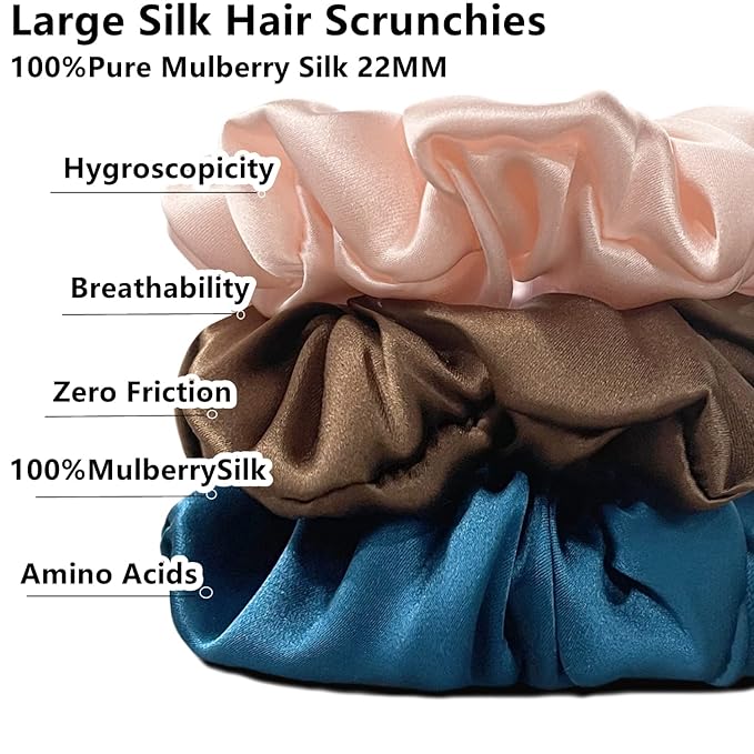 Suncdelv Silk,100% Silk Scrunchies for Hair,22 Momme Hair Ties for Anti-Crease & Breakage,Natural Women Hair Accessories，Fashion Hairbands 3PCS（Pink, gemstone, brown）