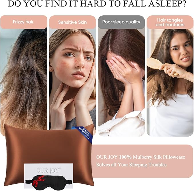 100% Mulberry Silk Pillowcase 22 Momme (SGS Certified) with Free Silk Eye Mask - Luxury Gift-Ready Folded Packaging, Cooling Pillow Cover for Hair & Skin Care (Choco, Standard (1 Pack))