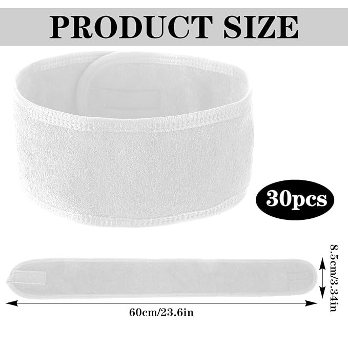 30 Pcs Spa Headband, Facial Head Wrap for Women Adjustable Makeup Stretch Towel with Tape Fit Face Washing Shower Facial Mask Yoga(White)
