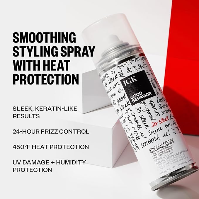 IGK GOOD BEHAVIOR Smoothing Frizz Fighters Travel Set | 4-in-1 Prep Spray + Spirulina Protein Smoothing Spray | Frizz Control + Heat Protectant | Vegan + Cruelty Free