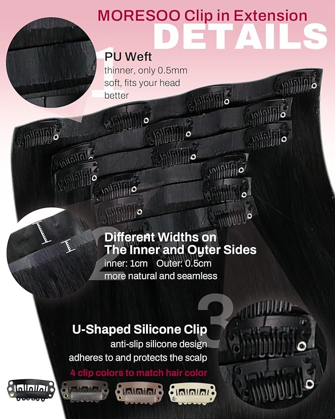 Moresoo Seamless Jet Black Clip in Hair Extensions Human Hair Black for Women Human Hair Clip in Extensions Pu Weft Invisible for Daily 135g/7pcs Thick to Add Volume 16in