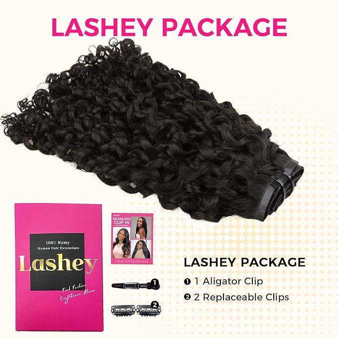 Lashey Seamless Clip in Hair Extensions Human Hair 110g 7pcs Burmese Curly Natural Black 16 Inch Clip ins Hair Extensions with Soft PU Weft for Women