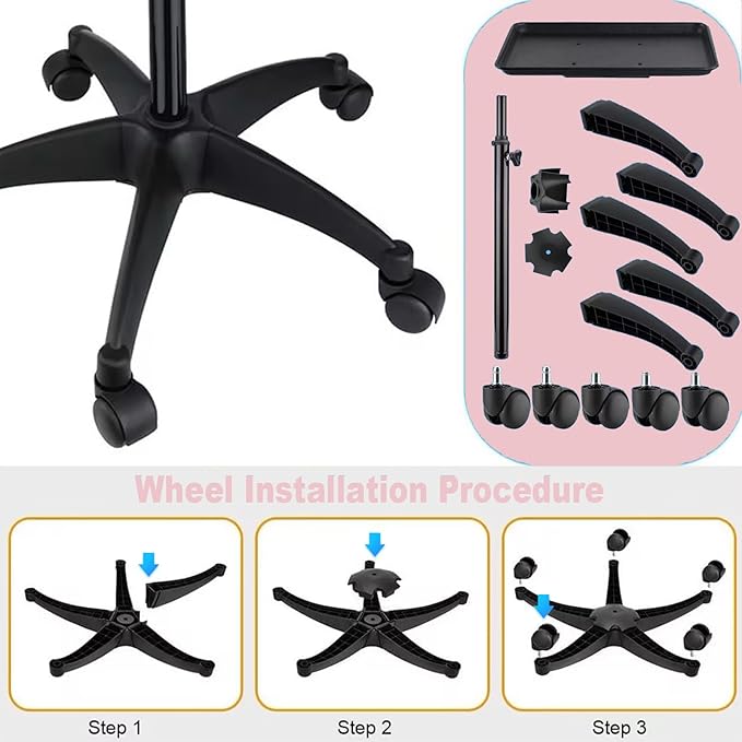 Salon Rolling Tray, Height Adjustable Tattoo Tray Rolling Cart, Storage Utility Trolley for Spa, Beauty Salon Service, Hairdresser Cart with Wheels, Black (Pink)