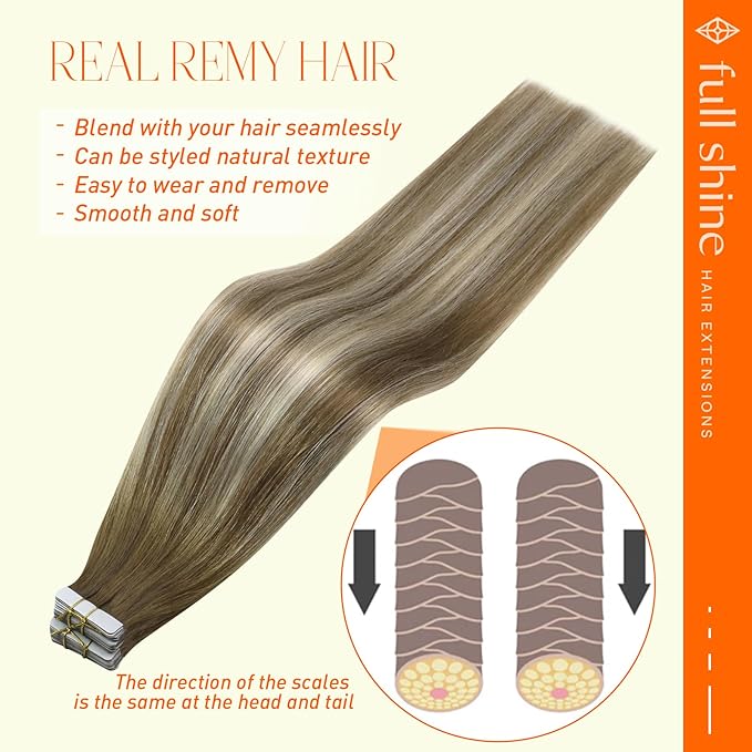 Full Shine Tape in Hair Extensions 20Inch Blonde Real Human Hair Tape in Extensions Color 6 Brown Ombre 6 And 60 Blonde Remy Invisible Hair Extensions Tape ins 50G 20Pcs Double Sided Tapes Straight