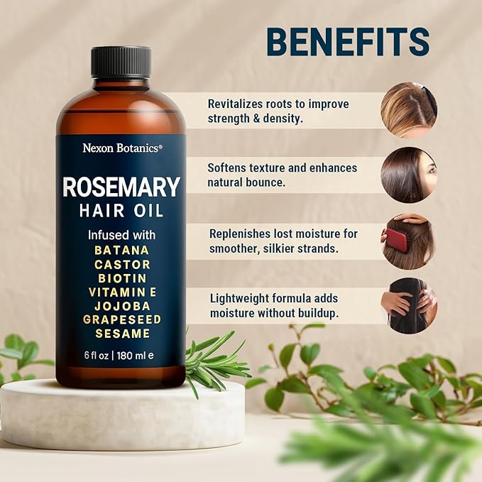 Rosemary Oil for Hair Growth 6 fl oz - Nourishing Blend for Frizz Control, Scalp Refresh & Stronger Hair - Aceite de Romero Para el Cabello - Nexon Botanics