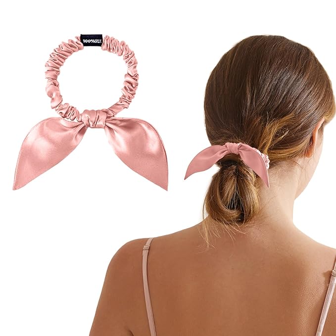 THXSILK Hair Silk Scrunchies with Bow for Women Pure Mulberry Silk Hair Cute Ring Ties Scrunchies for Girls Women's Thick Hair, Charming Pink, 2.8"