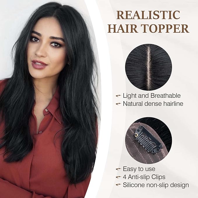 Rich Choices Hair Toppers for Women Real Human Hair 100% Human Remy Toppers NO Bangs for Women with Thinning on Top Clip in Hairpiece 4"x4.7"Lace Base 10 Inch #1 Jet Black