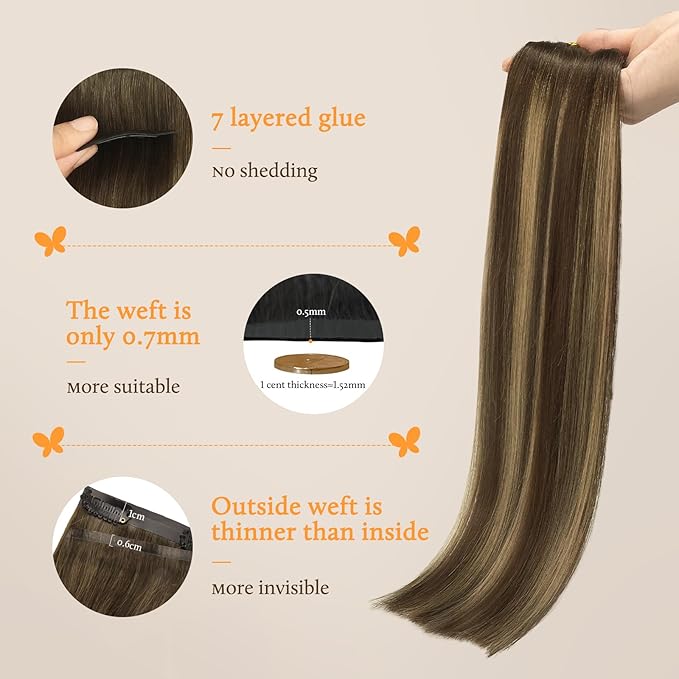 DOORES Seamless Clip in Real Human Hair Extensions, Chocolate Brown to Caramel Blonde 20 Inch 7pcs 110g, Invisi Edge Clip in Hair Extensions Remy Straight