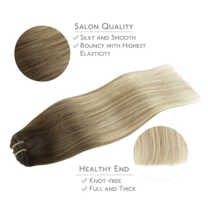 WENNALIFE Clip in Hair Extensions Real Human Hair, 14 Inch 120g 7pcs Ombre Walnut Brown to Ash Brown and Bleach Blonde Clip in Human Hair Remy Clip in Hair Extensions Real Human Hair Double Weft