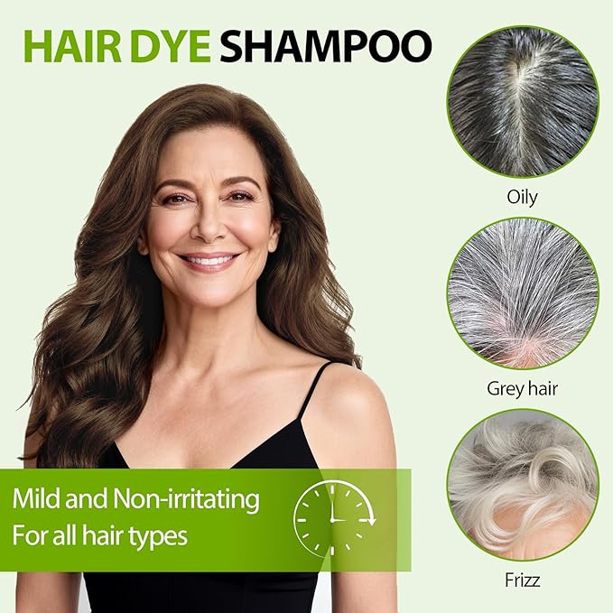 Brown Hair Dye Shampoo for Women & Men, 15 Min Gray Coverage, 3 in 1 Semi-Permanent Color with Natural Herbal Ingredients, Lasts 60 Days