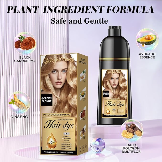 Natural Hair Dye Shampoo 3 IN 1, Hair Color for Gray Hair Coverage, Hair Coloring Shampoo for Women, Color Shampoo Beard Dye for Men, Vegan Ammonia Free Hair Shampoo (GOLDEN BLONDE)