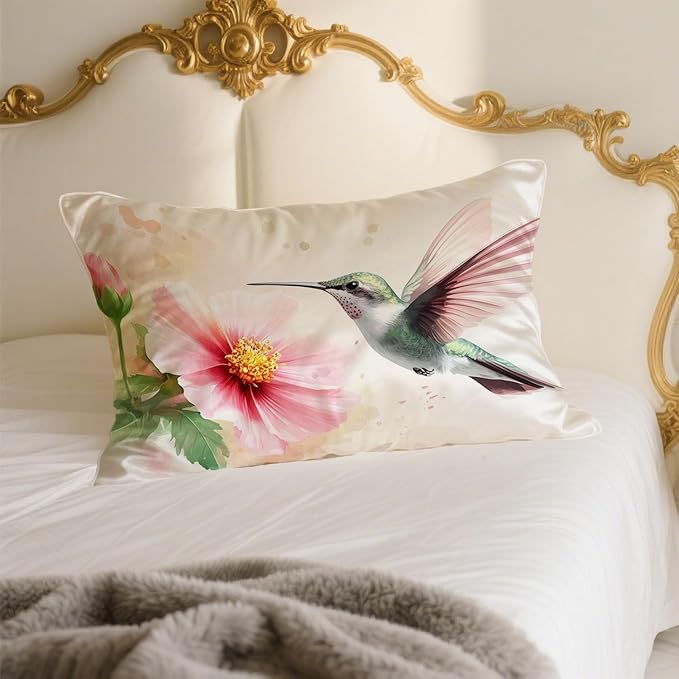 1 Pack Satin Pillowcase for Hair and Skin Watercolor Hummingbird and Flower Imitation Silk Pillowcase with Hidden Zipper Soft Breathable Pillow Cover Standard Size for Bedroom Sofa 20”x26”