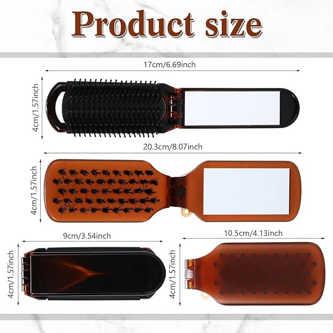 Nuenen 4 Pcs Folding Hair Brush with Mirror Portable Mini Hair Brush Small Compact Pocket Comb for Family Travel Car Gym Wig Bag Purse Gift Women (Tortoiseshell,Mixed Style)