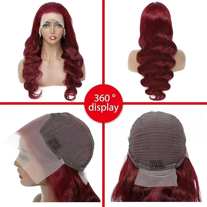 99J Burgundy Wig Human Hair 13x4 Body Wave Lace Front Wigs Human Hair 180 Density Pre Plucked Glueless Wine Red Colored Lace Front Wig for Women 22inch