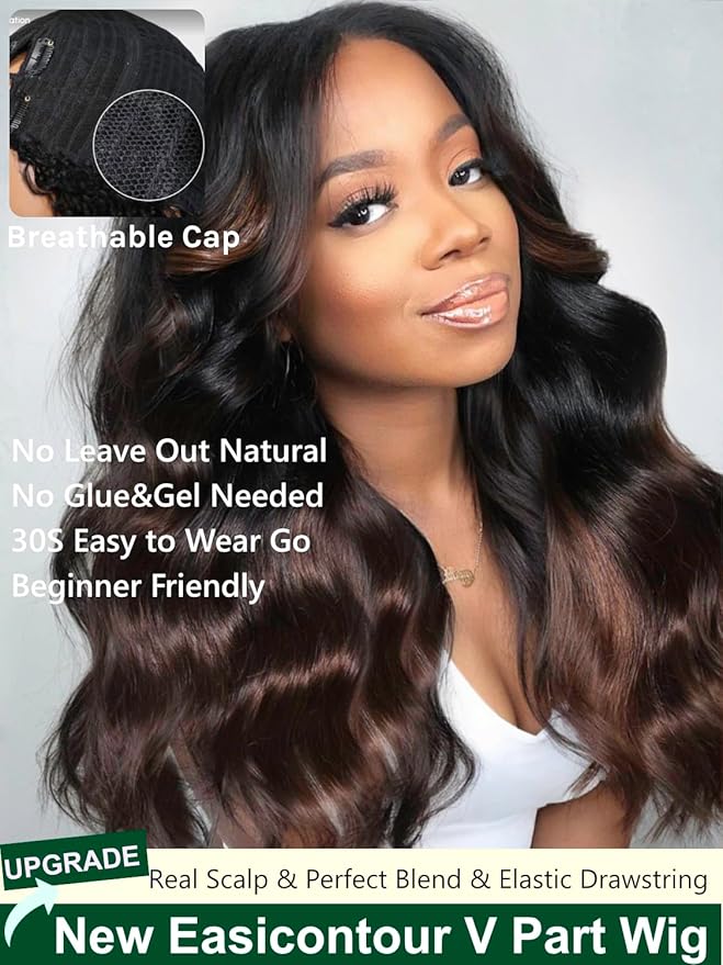 KLAIYI Ombre Brown V Part Wig Body Wave Human Hair Upgrade U Part Wig with Dark Roots Glueless Chestnut Brown Clip in Half Wig No Glue No Leave Out Beginner Wigs for Women Wear and Go Wig 150% 16Inch