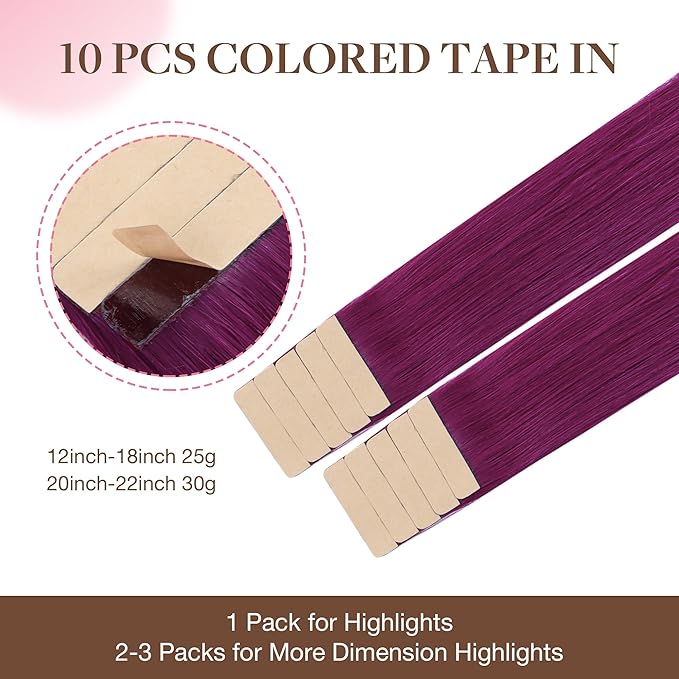 GOO GOO Tape in Hair Extensions Human Hair, Violet, 22inch 30g 10pcs, Colored Tape ins Human Hair Extensions, Silky&Soft Invisible Tape Ins, Hair Highlighted for Party