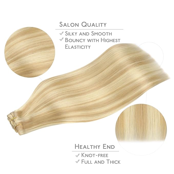 WENNALIFE Clip in Hair Extensions Real Human Hair, 22 Inch 160g 7pcs Light Blonde Highlighted Golden Blonde Remy Hair Straight Natural Extensiones De Cabello Humano Con Clip Ins