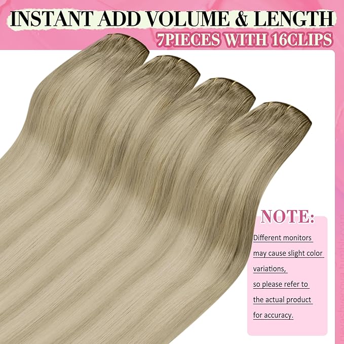 YoungSee 135g Clip in Hair Extensions Human Hair Ombre Clip in Human Hair Extensions Ash Blonde Mix Platinum Blonde Dyable Remy Hair Clip in Extensions for Women 7Pcs 18Inch