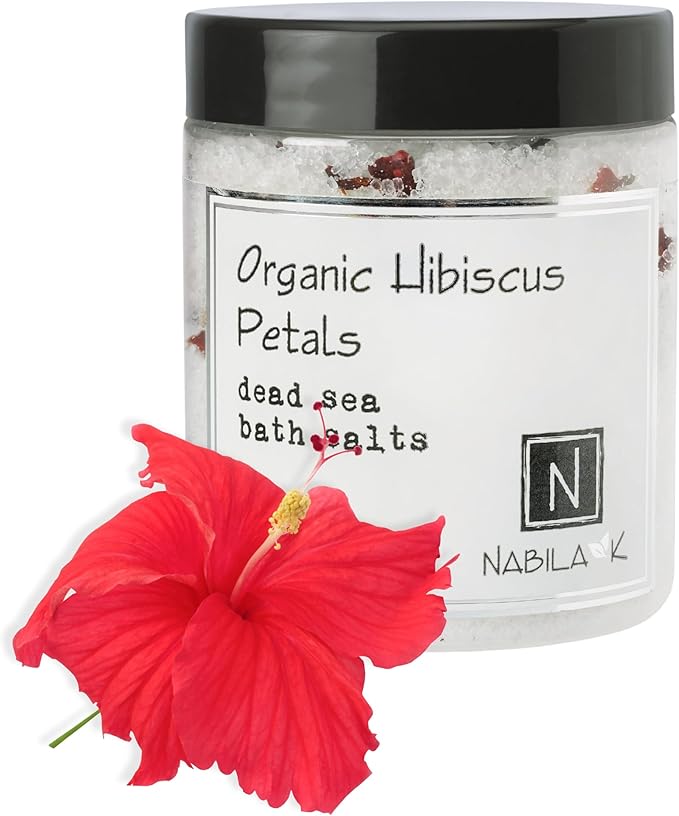 Organic Hibiscus Petals Bath Salts by Nabila K - Dead Sea Salt & Epsom Salt Scrub & Soak - Exfoliates & Hydrates Skin, Botanical Essential Oils - Bubble Bath Accessories for All Skins Types, 2 oz