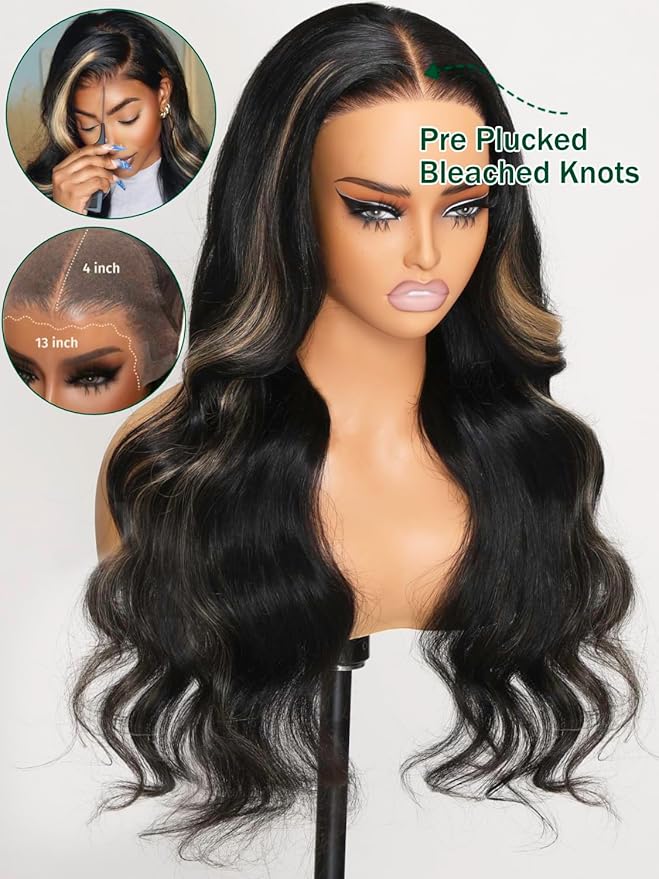 KLAIYI Bye Bye Knots Glueless Wig Human Hair 13x4 Balayage Highlight 3D Body Wave Precut Lace Front Wig with Baby Hair Black Mix Blonde Brown Pre Plucked Pre Bleached Knots Wig 30S Easy to Wear 22Inch