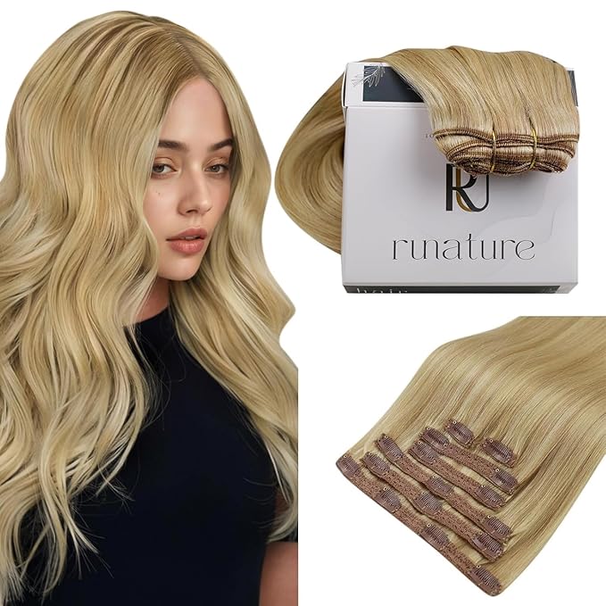 RUNATURE Clip in Hair Extensions Real Human Hair, Blonde Human Hair Clip in Extensions, Double Weft Full Head Remy Hair Extensions Clip Ins, Tangle-free 16 Inch 120g 7pcs #16P24 Blonde Highlights