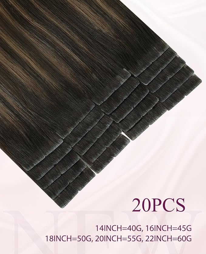 Pinkpearl Invisible Tape in Hair Extensions Human Hair, 20pcs 14inch 40g #2/6/18 Balayage Dark Brown to Chestnut Brown and Ash Blonde Injection Tape in Extensions Real Remy Human Hair Injected