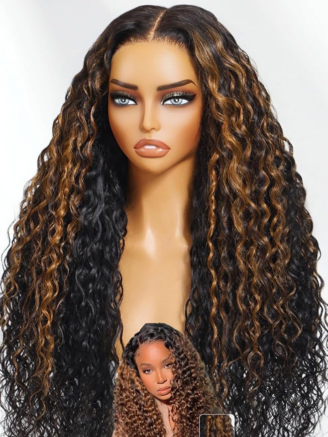 Julia Hair Ombre Brown Water Wave Glueless Wig Human Hair 7x5 HD Lace Closure with Invisible Drawstring Pre Plucked Bleached Highlight Balayage Colored Curly Wigs Put On And Go 22 Inch