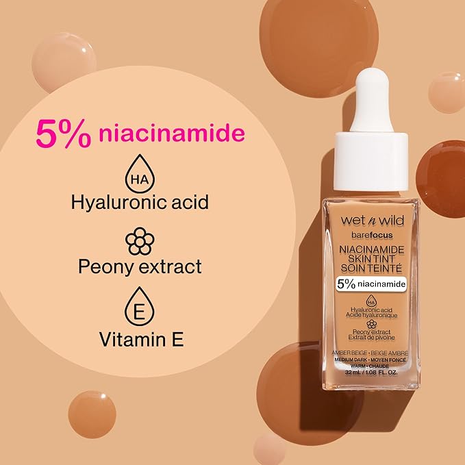 wet n wild Bare Focus Skin Tint, 5% Niacinamide Enriched, Buildable Sheer Lightweight Coverage, Natural Radiant Finish, Hyaluronic & Vitamin Hydration Boost, Cruelty-Free & Vegan - Toffee