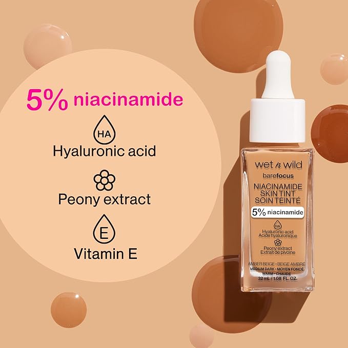 wet n wild Bare Focus Skin Tint, 5% Niacinamide Enriched,Buildable Sheer Lightweight Coverage, Natural Radiant Finish, Hyaluronic & Vitamin Hydration Boost, Cruelty-Free & Vegan - Truffle