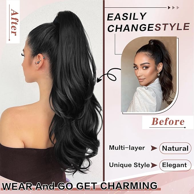 Ponytail Extension, 26 Inch Drawstring Ponytail Extension for Women Long Black Wavy Layered Pony Tails Hair Extensions Synthetic Clip in Ponytail Hairpiece for Women