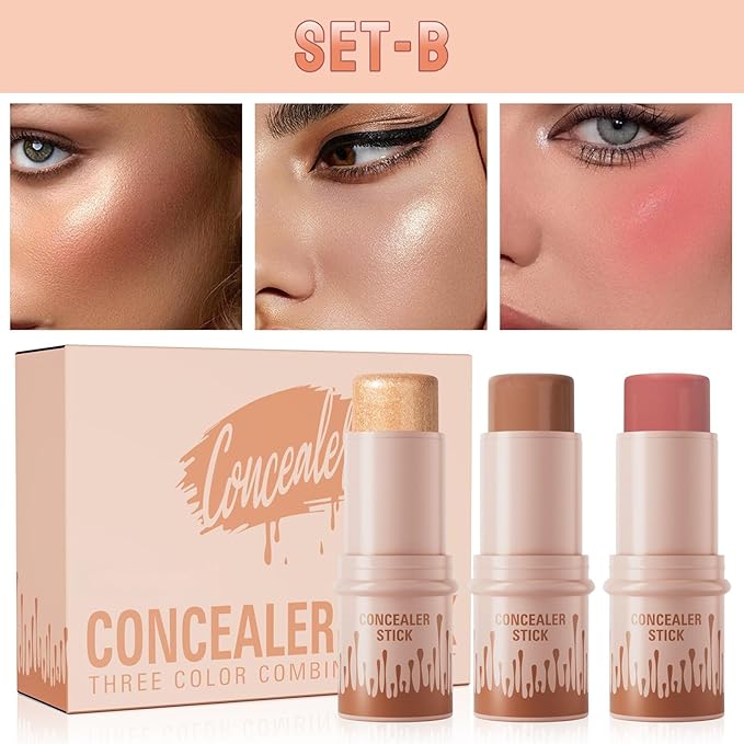 3Pcs Contour Stick Set，3 Colors Contour Stick Makeup Set， Long-Lasting Waterproof Concealer Stick Kit，Cream Blush & Highlighter Bronzer Pen (SET-B)