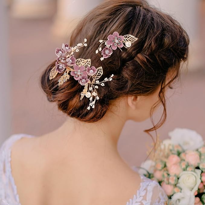Wedding Flower Hair Accessories for Women, 4pcs Bridal Hair Pieces for Wedding - Bridal Headpiece Clip Comb with Flower & Rhinestone for Brides Bridesmaids Women Girls Updo