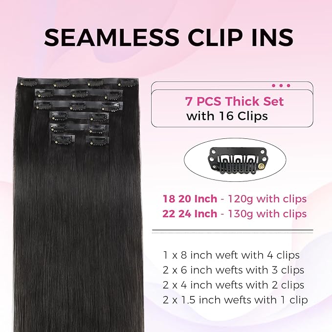 Lashey Seamless Clip in Hair Extensions Human Hair 130g 7pcs Straight Thick Remy Human Clip in Hair Extensions with Full End 22 Inch Natural Black