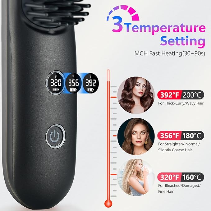 LCD Screen Cordless Hair Straightener Curler 2 in 1, Portable Mini Hair Straightening Brush for Travel Negative Ionic Fast Heating Hot Comb for Women, Folding Brush with Mirror, Black