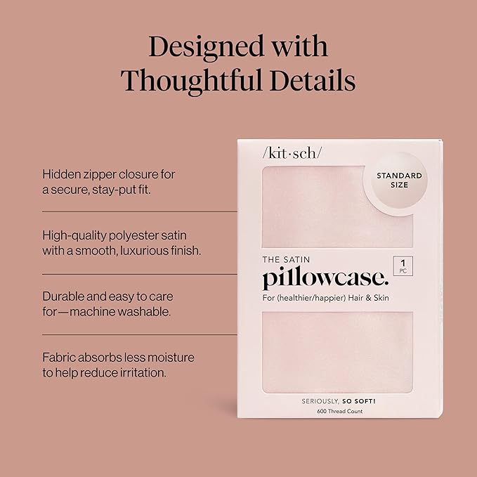 Kitsch Satin Pillowcase with Zipper for Hair & Skin, Softer Than Silk Pillow Cases Queen, Smooth Pillow Covers, Machine Washable, Wrinkle-Free, Cooling Satin Pillow Cases Standard Size 19"x26" (Blush)