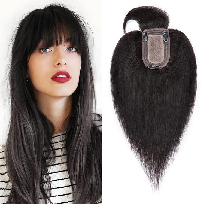 SEGO Hair Toppers for Women Real Human Hair with Thinning Hair, Toppers Hair Clip in Toppers with Front Bangs 150% Density Silk Base -14 Inch #1B Natural black