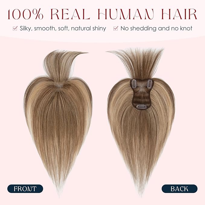 Human Hair Topper with Bangs for Women, 360° Cover Clip in Fringe Bangs Hair Toppers Hair Piece with Highlights 3.15x4.33 Hand-tied Base Medium Brown&Dark Blonde