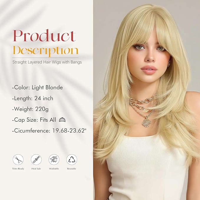 SOFEIYAN Light Blonde Wigs with Bangs 24 Inch Long Straight Layered Wig Natural Hair Soft Heat Resistant Synthetic Medium Length Hair Wigs for Women Daily Party Use